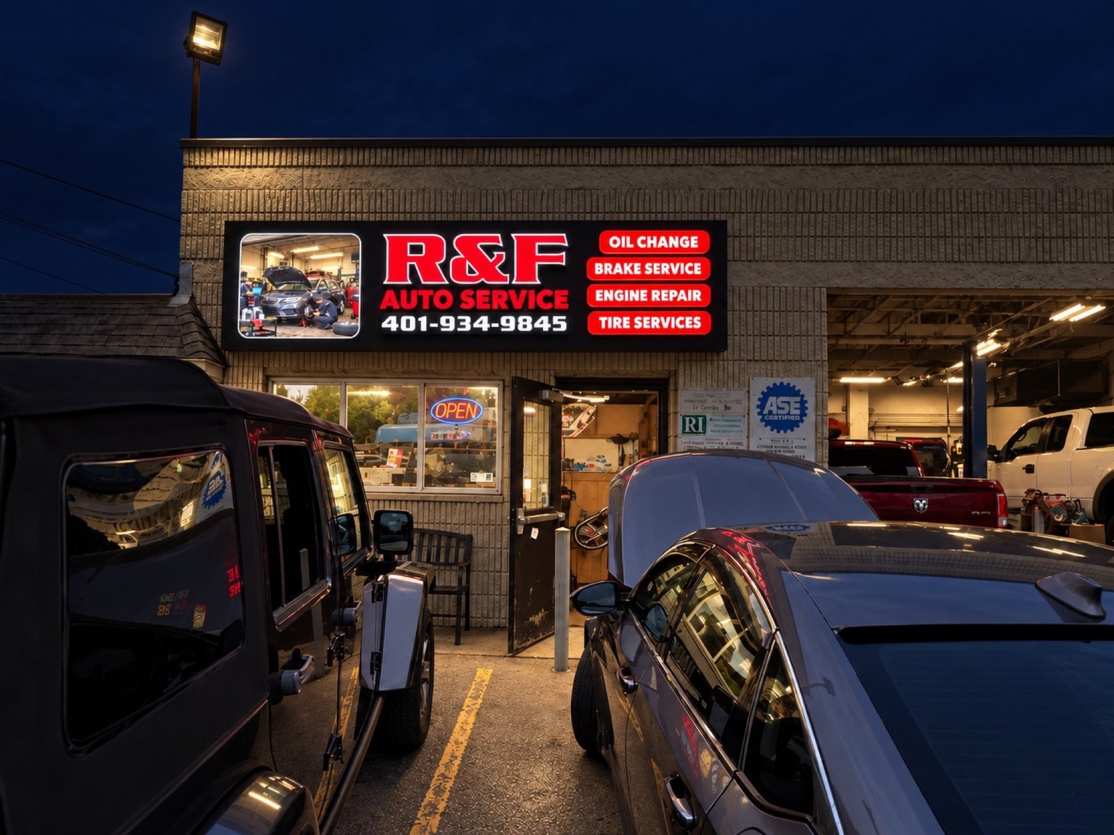 Nighttime concept of R&F with a dark background, red letters and illuminated white accents