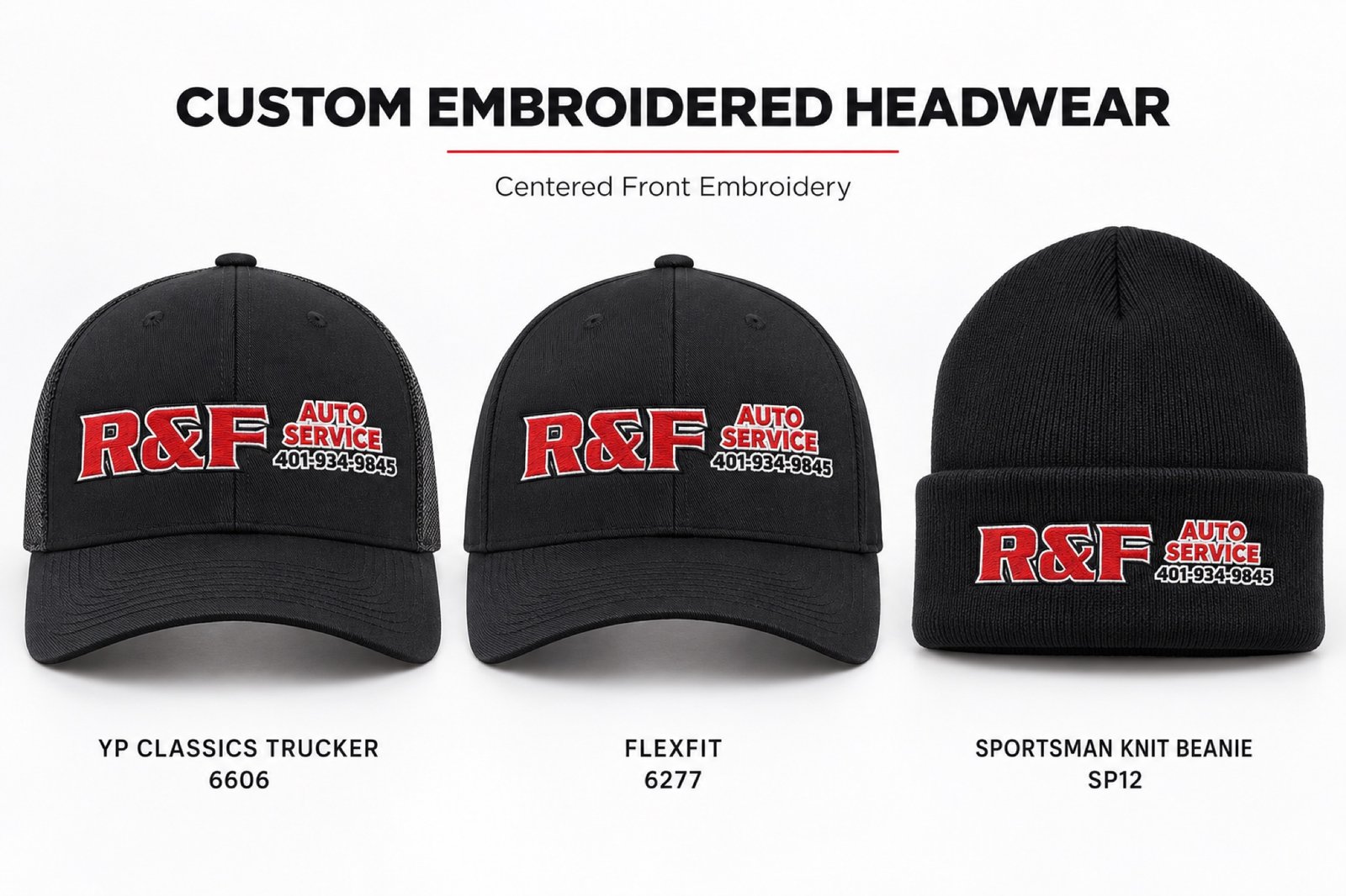 YP Classics 6606 and Flexfit 6277 caps and Sportsman SP12 beanie with centered R&F front embroidery