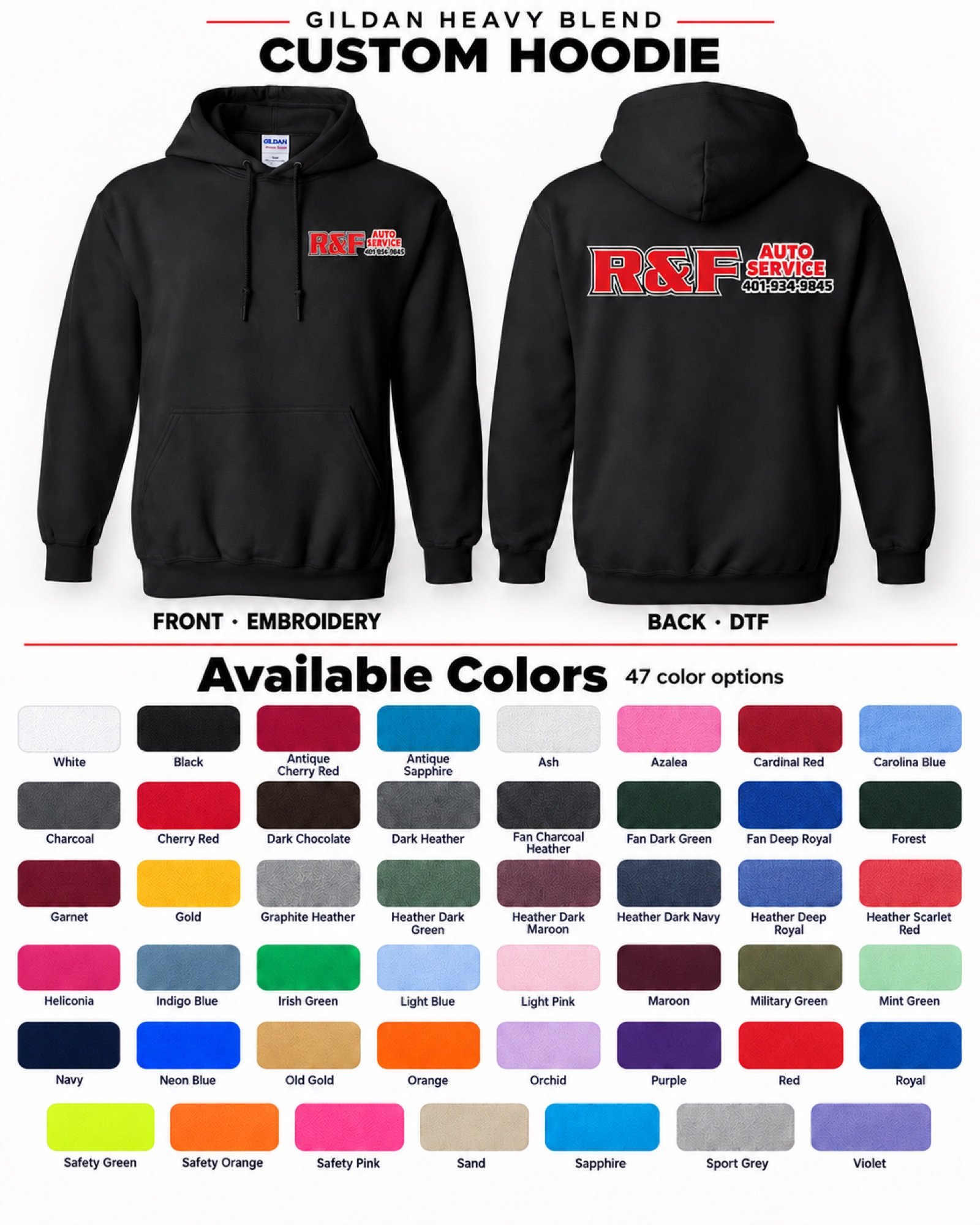 R&F Gildan Heavy Blend hoodie with front embroidery, a back DTF print and a reference color chart